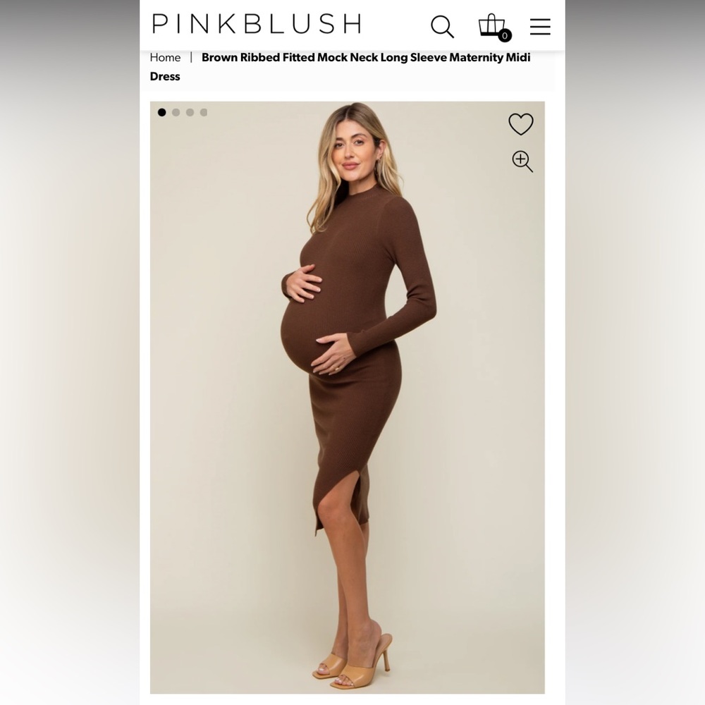 PinkBlush Brown Ribbed Fitted Mock Neck Maternity Dress (Small).